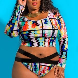 Plus size Hollow out long sleeve bathing suit
